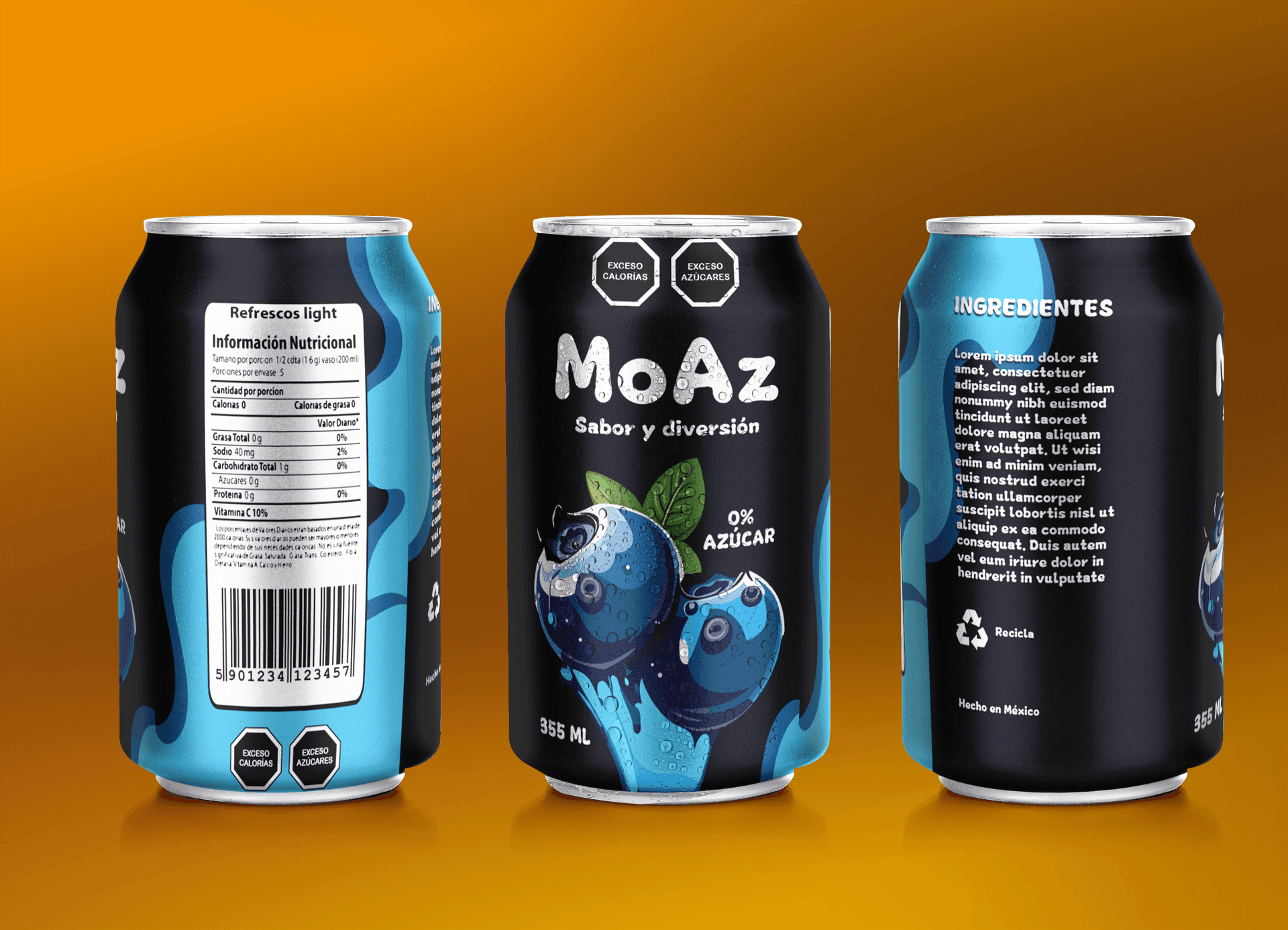 Three views of MoAz blueberry soda can with nutritional info and ingredients on orange background.